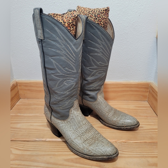 Women's Vintage Western Boots Gray Antelope Leather‎ Cowboy Sz 7